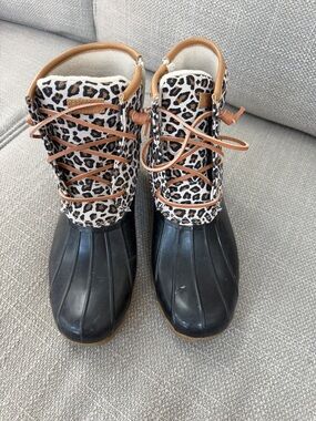 Sperry Leopard Print Duck Boots with Black Rubber Toe and Tan Accents
